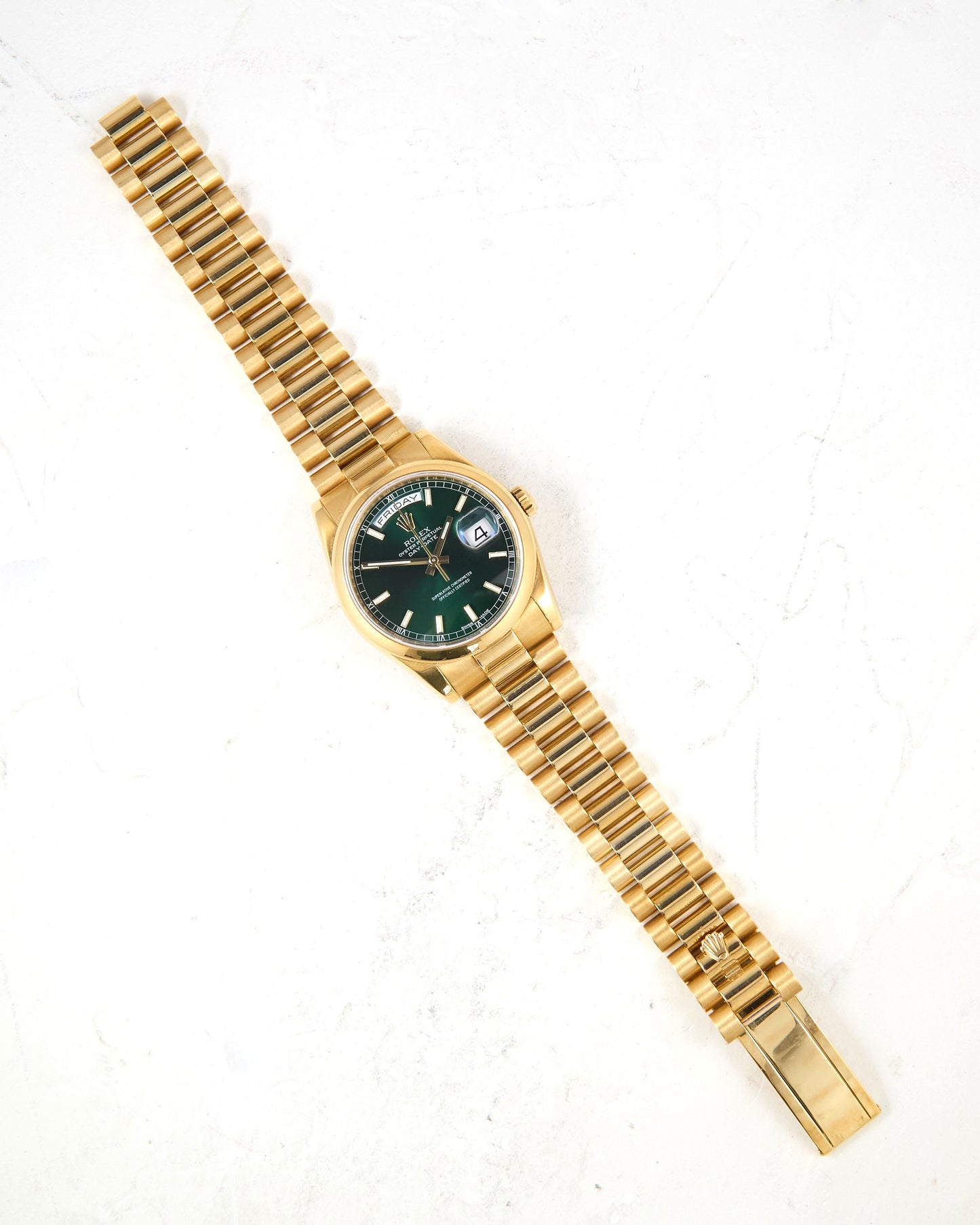 Rolex Day-Date 118208 Green Dial Smooth Bezel in Yellow Gold with Box & Papers