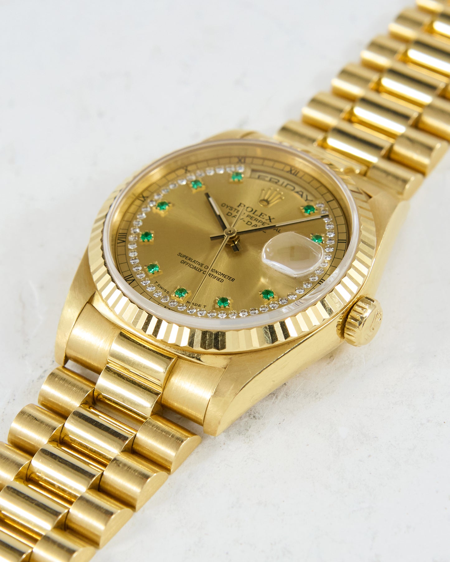 ROLEX DAY-DATE DIAMOND STRING EMERALD INDEX DIAL WITH PAPERS