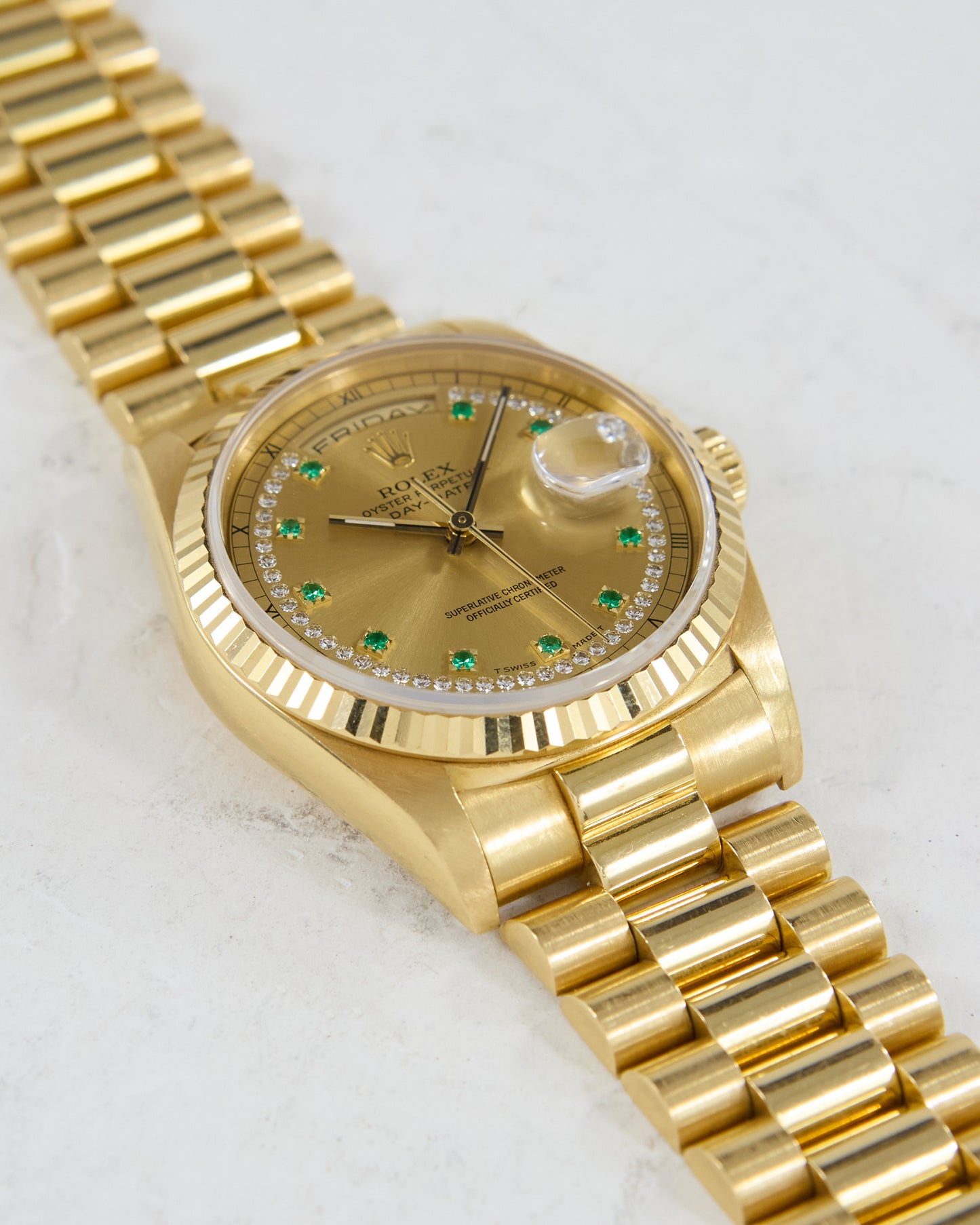 ROLEX DAY-DATE DIAMOND STRING EMERALD INDEX DIAL WITH PAPERS