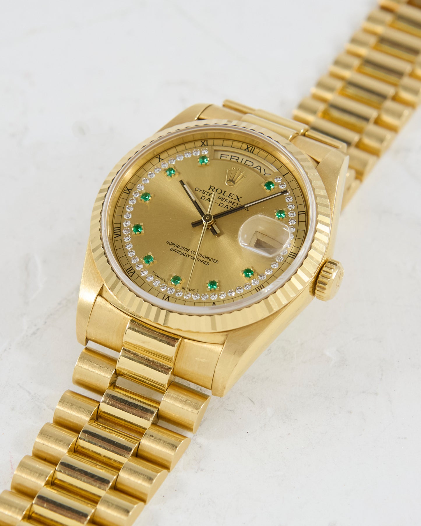 ROLEX DAY-DATE DIAMOND STRING EMERALD INDEX DIAL WITH PAPERS