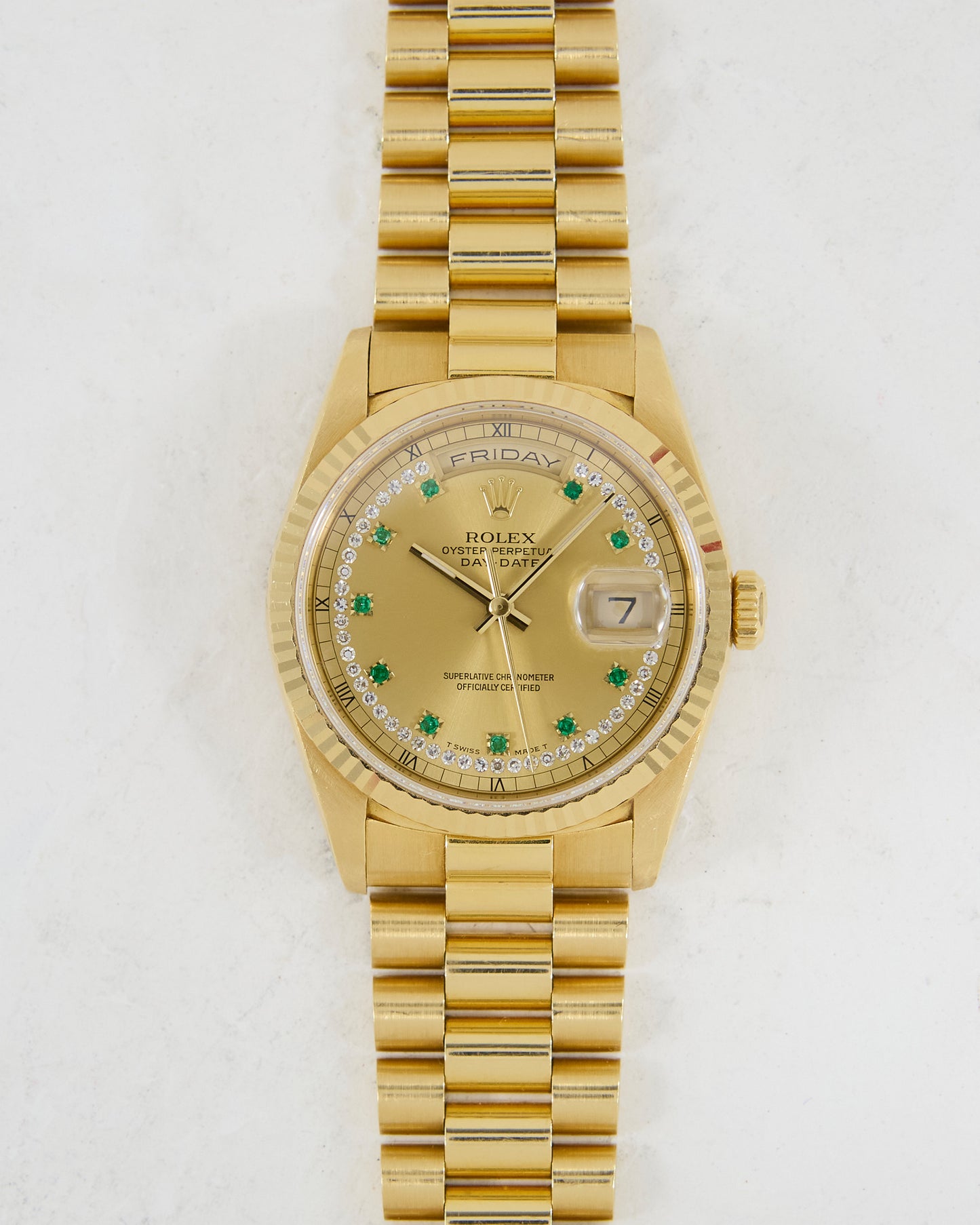 ROLEX DAY-DATE DIAMOND STRING EMERALD INDEX DIAL WITH PAPERS