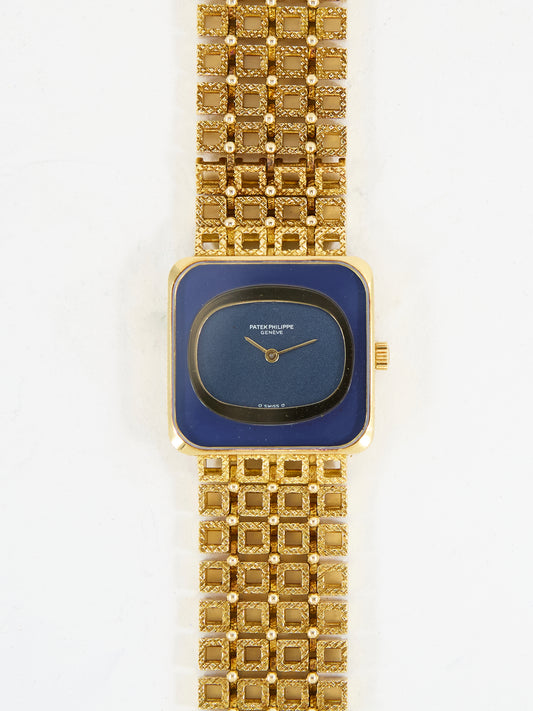 PATEK PHILIPPE SQUARE WITH BLUE DIAL ON YELLOW GOLD CASE AND BRACELET