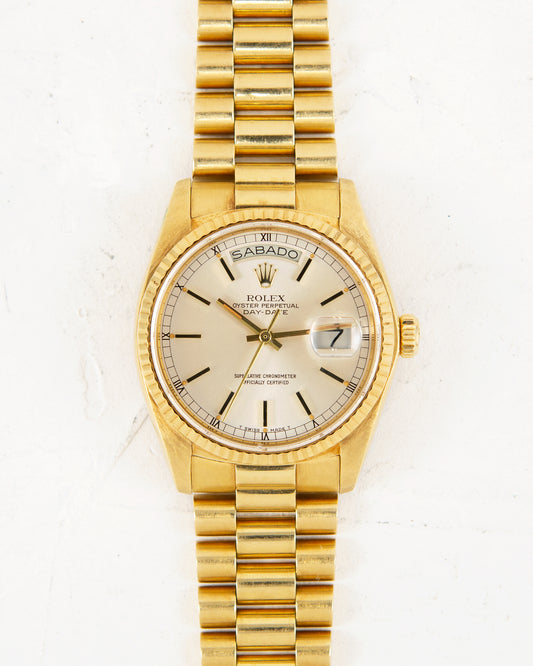 ROLEX DAY-DATE SILVER DIAL IN YELLOW GOLD