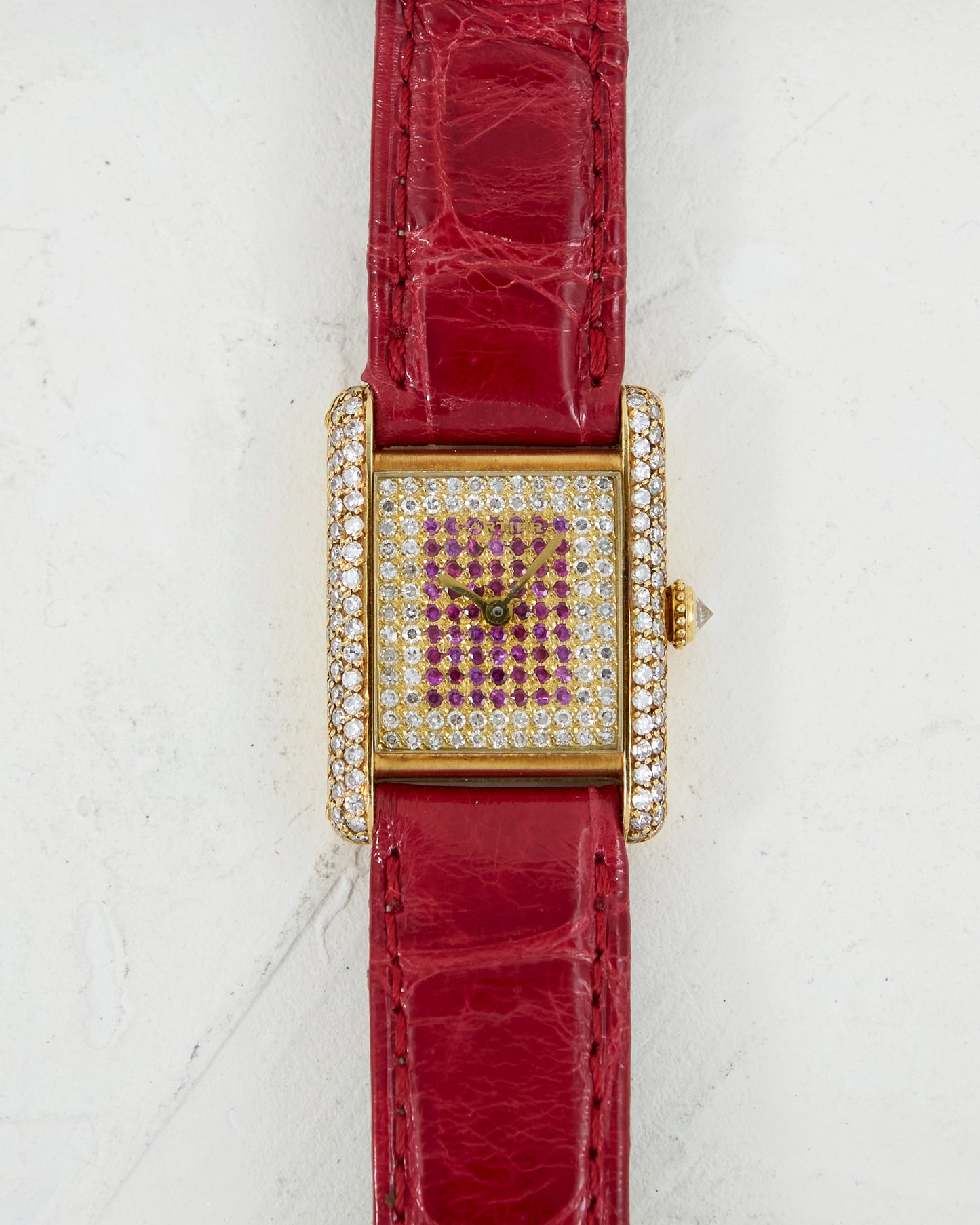 CARTIER TANK LOUIS FACTORY DIAMOND AND RUBY CASE & DIAL IN YELLOW GOLD
