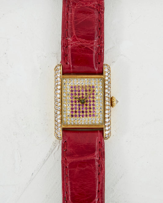 CARTIER TANK LOUIS FACTORY DIAMOND AND RUBY CASE & DIAL IN YELLOW GOLD