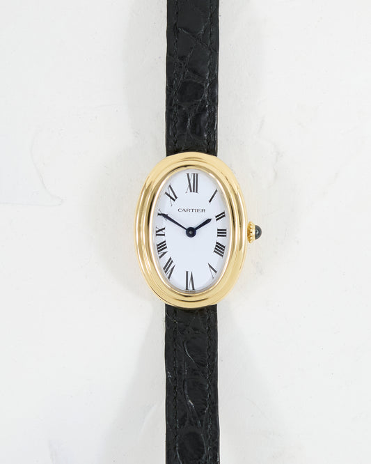 CARTIER BAIGNOIRE PARIS DIAL IN YELLOW GOLD WITH DEPLOYANT CLASP & CARTIER POUCH