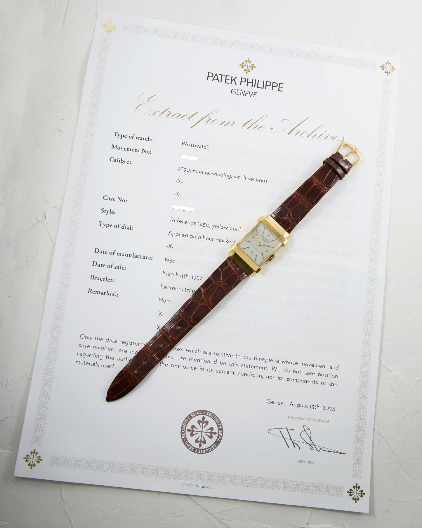 PATEK PHILIPPE TOP HAT 1450 IN YELLOW GOLD SIGNED STRAP & BUCKLE WITH EXTRACT OF ARCHIVES