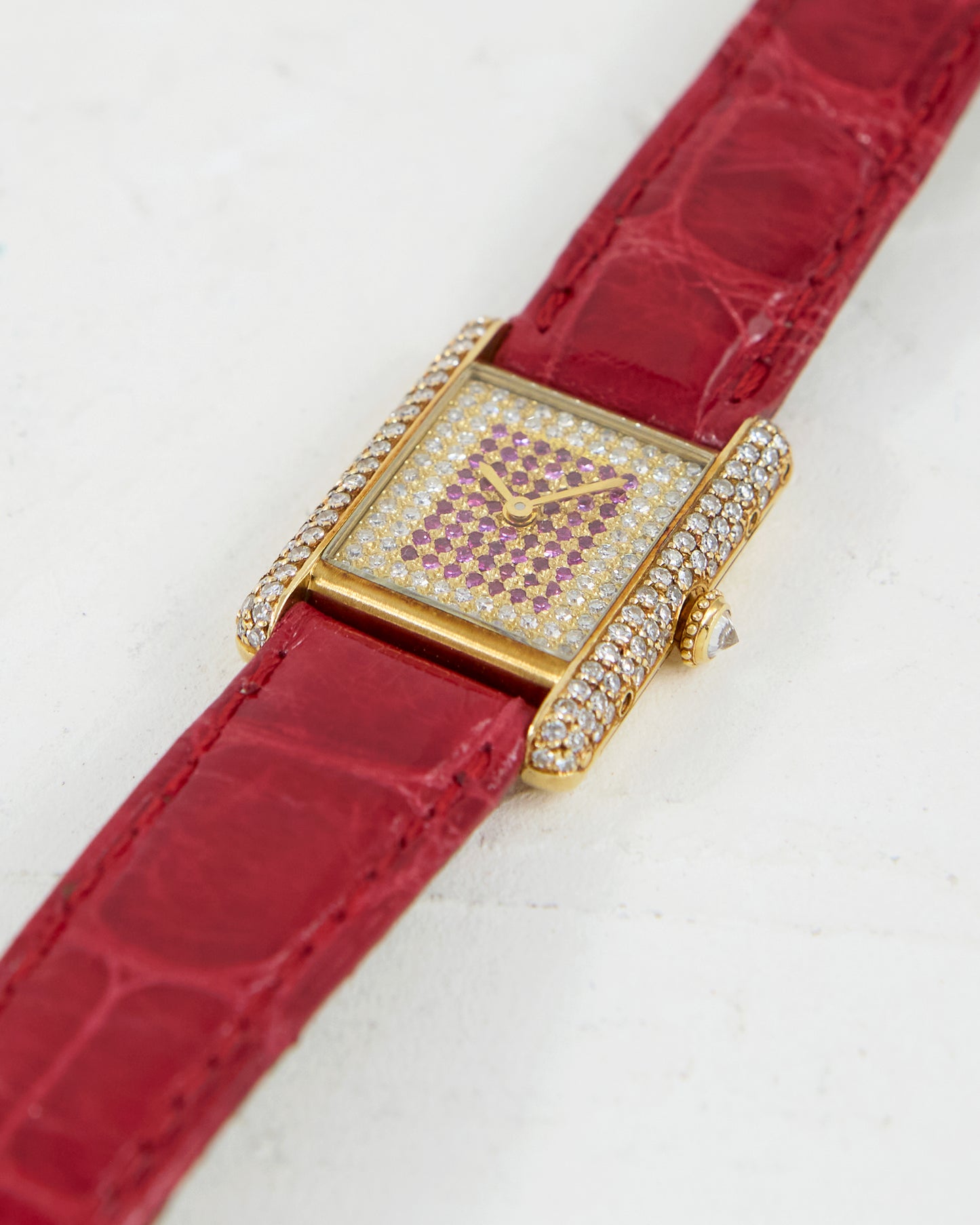 CARTIER TANK LOUIS FACTORY DIAMOND AND RUBY CASE & DIAL IN YELLOW GOLD