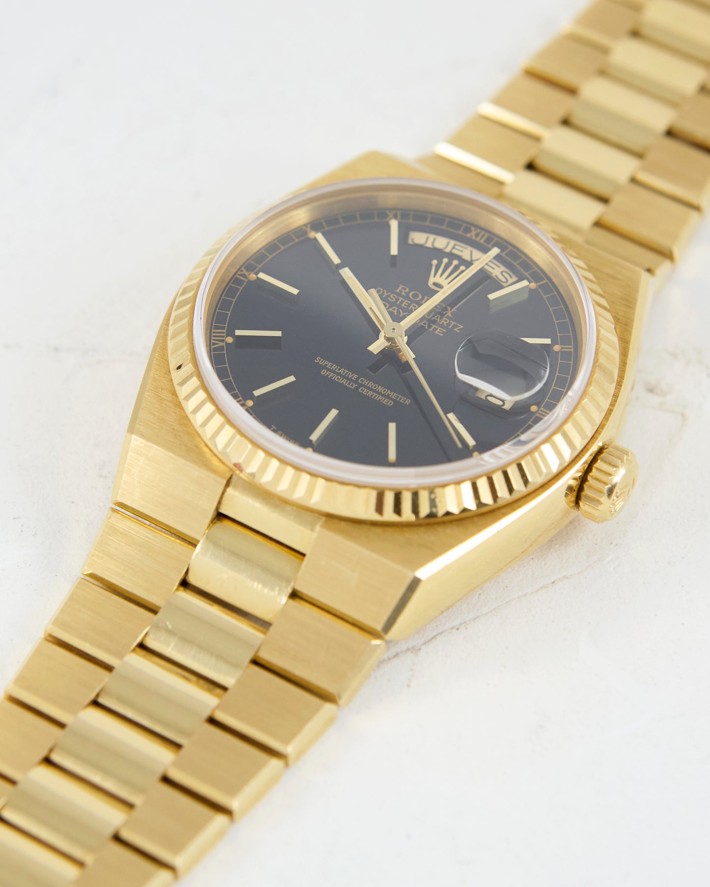 ROLEX OYSTERQUARTZ DAY-DATE BLACK DIAL IN UNPOLISHED CONDITION WITH CASE BACK STICKER