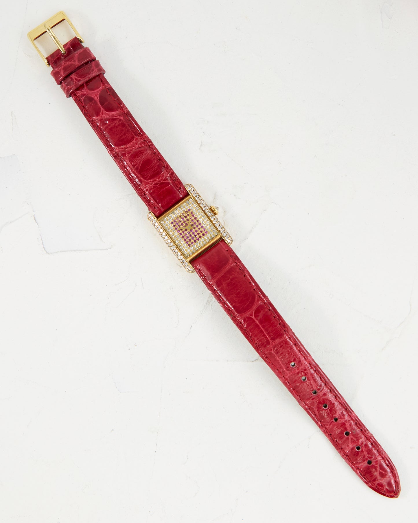 CARTIER TANK LOUIS FACTORY DIAMOND AND RUBY CASE & DIAL IN YELLOW GOLD