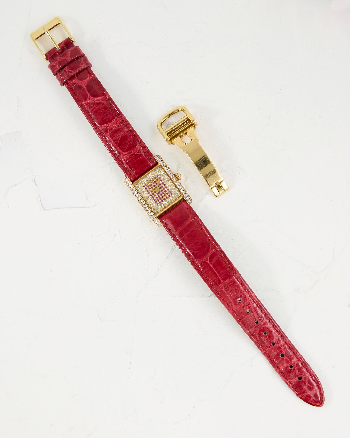 CARTIER TANK LOUIS FACTORY DIAMOND AND RUBY CASE & DIAL IN YELLOW GOLD