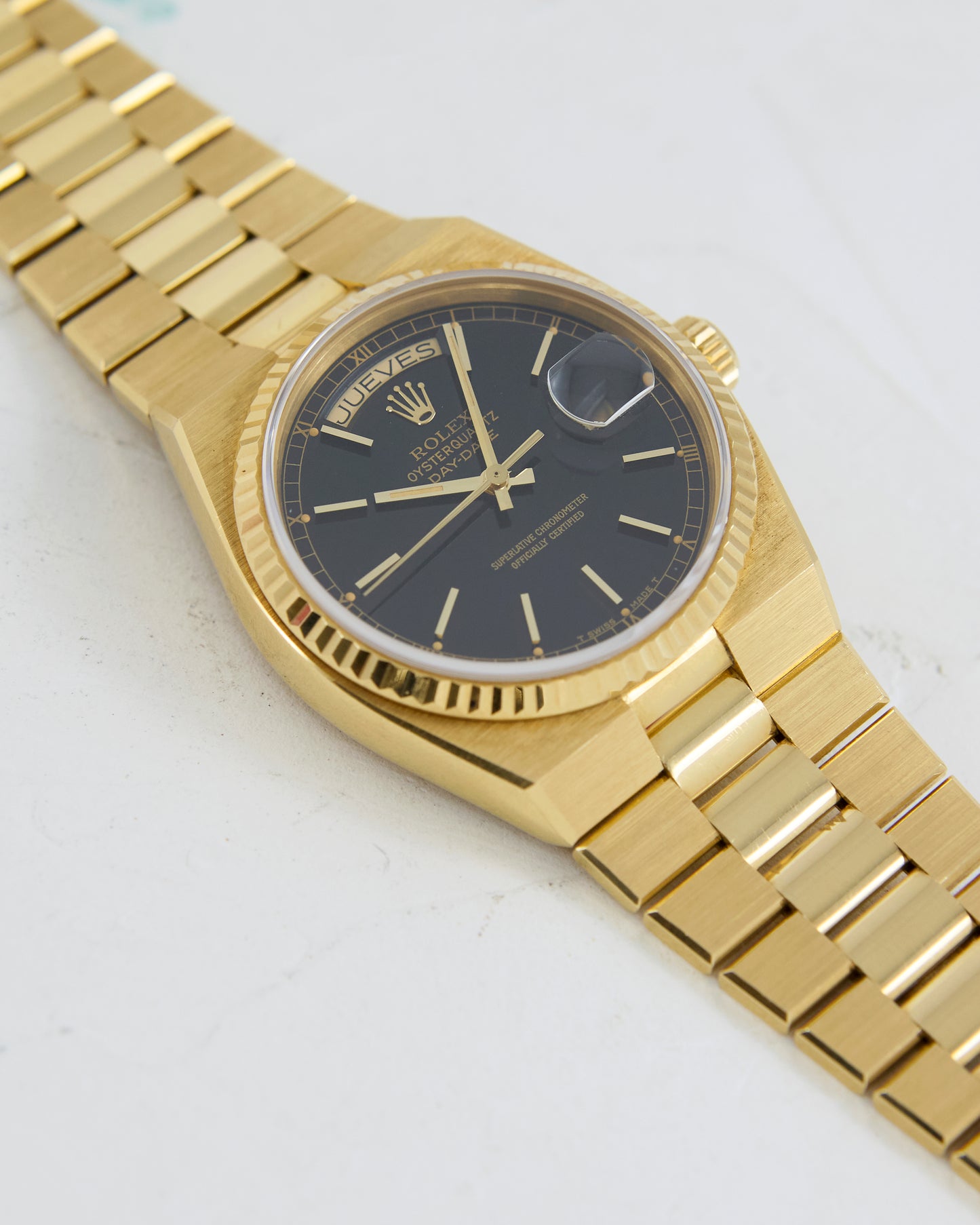 ROLEX OYSTERQUARTZ DAY-DATE BLACK DIAL IN UNPOLISHED CONDITION WITH CASE BACK STICKER