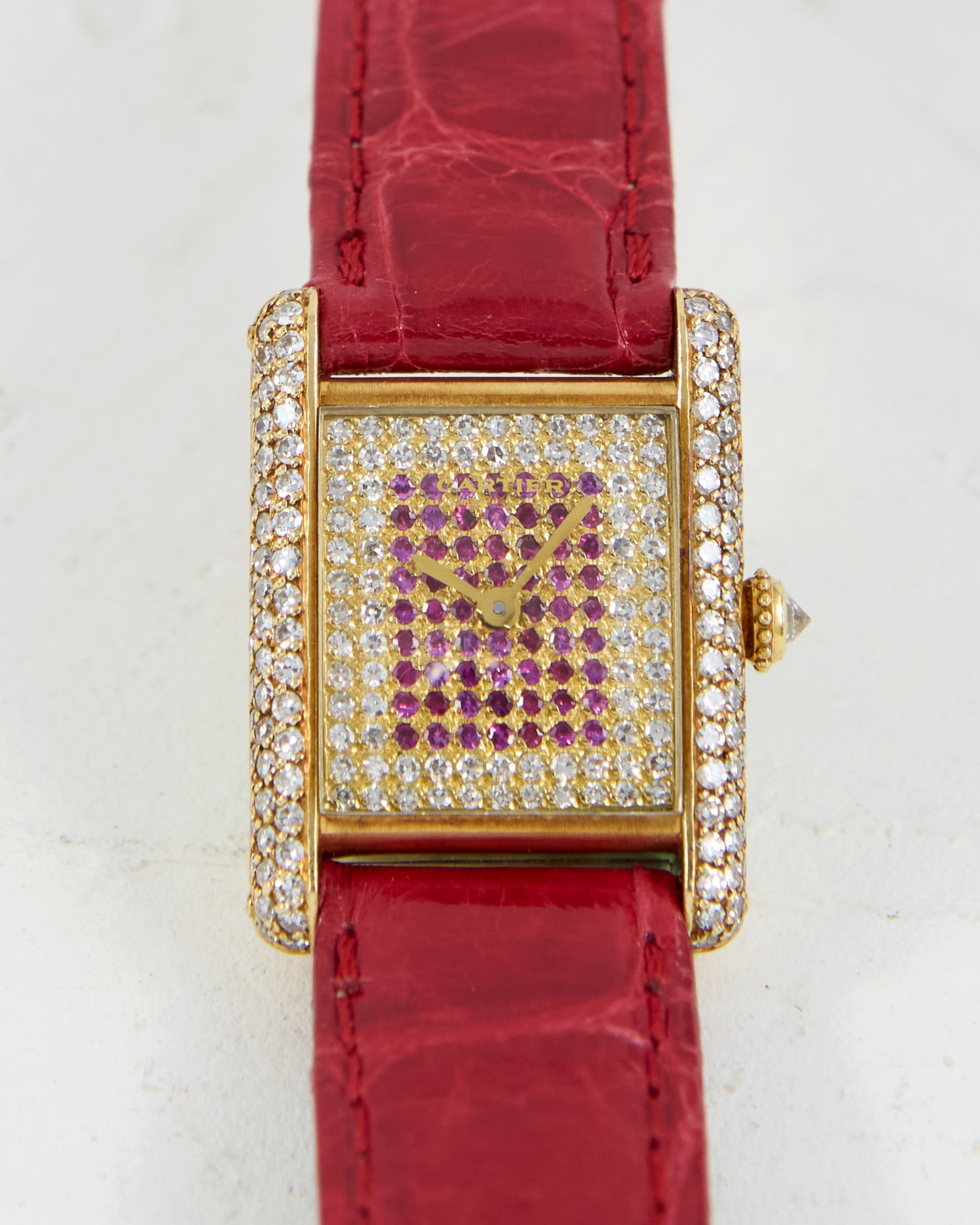 CARTIER TANK LOUIS FACTORY DIAMOND AND RUBY CASE & DIAL IN YELLOW GOLD
