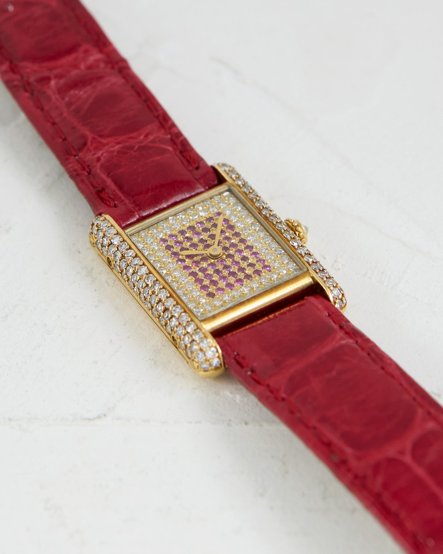 CARTIER TANK LOUIS FACTORY DIAMOND AND RUBY CASE & DIAL IN YELLOW GOLD