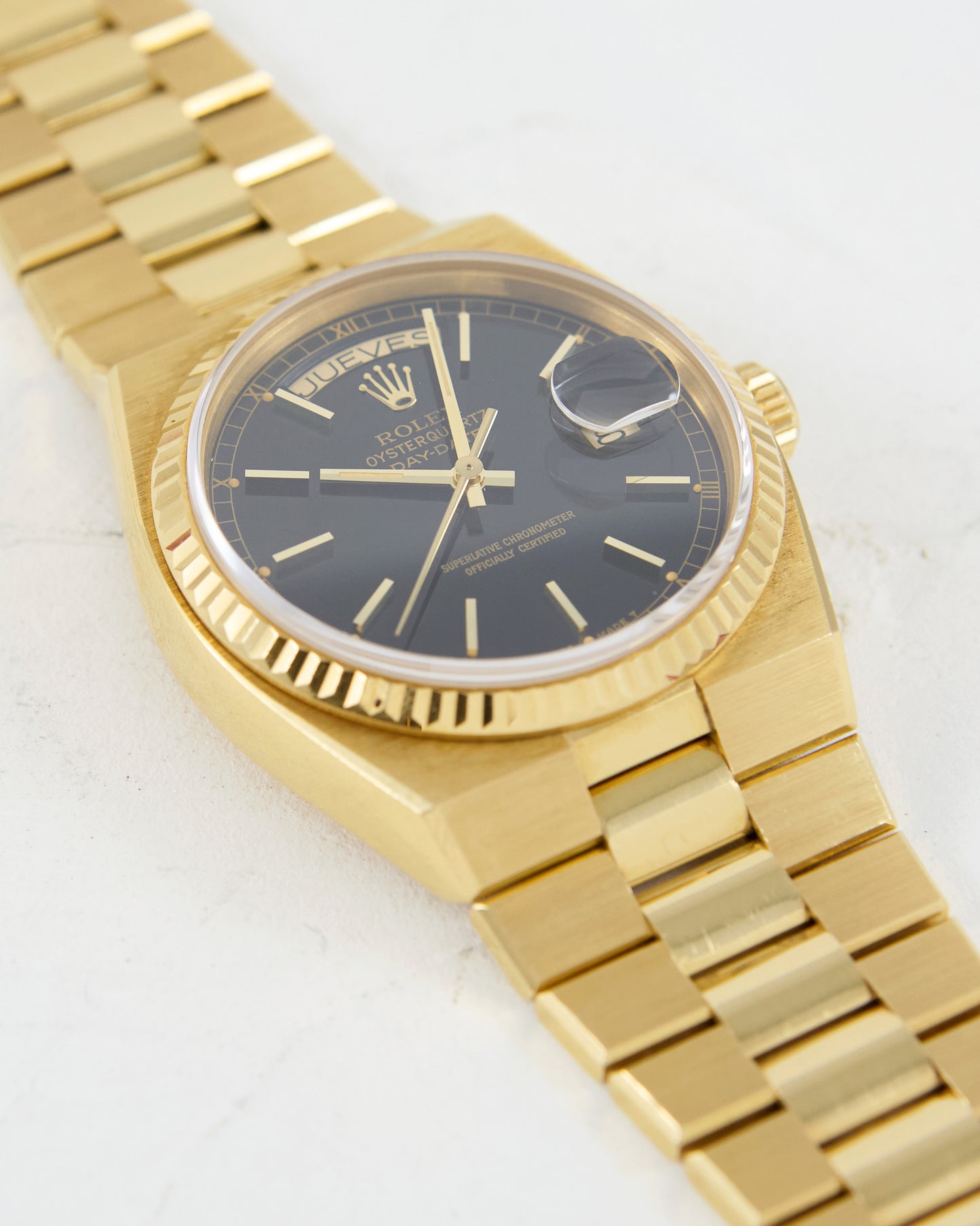 ROLEX OYSTERQUARTZ DAY-DATE BLACK DIAL IN UNPOLISHED CONDITION WITH CASE BACK STICKER