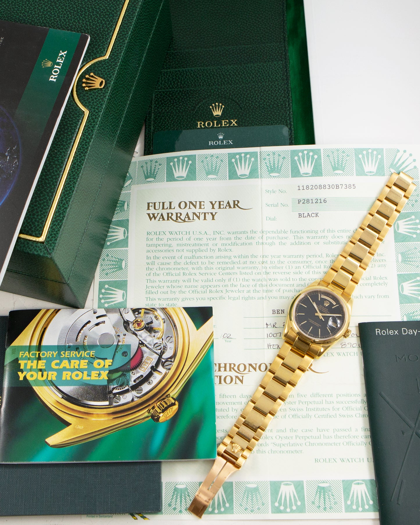 ROLEX DAY-DATE SMOOTH BEZEL WITH BLACK DIAL AND COMPLETE SET OF BOX & PAPERS