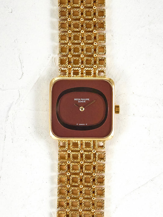 PATEK PHILIPPE ONLY TIME YELLOW GOLD BROWN DIAL WITH BRACELET
