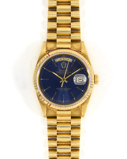 Rolex Day-Date Blue Dial on President Bracelet with Set of Box and Papers