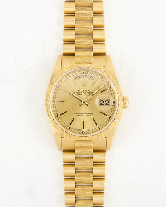 Rolex Day-Date 18248 Bark Finish in Yellow Gold with Presidential Bracelet