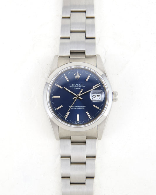 Rolex Date with Blue Dial on Oyster Bracelet with Rolex Papers