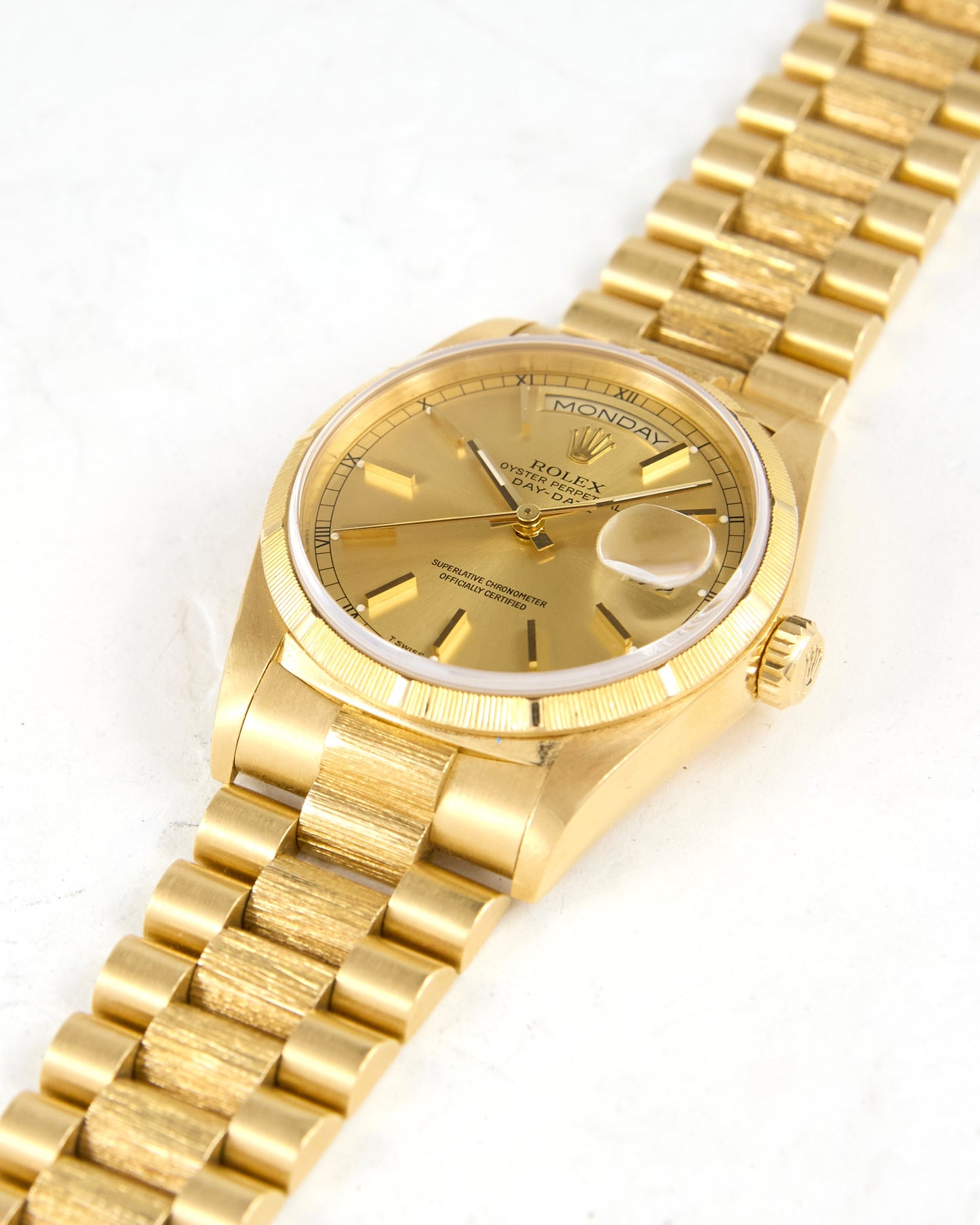 Rolex Day-Date 18248 Bark Finish in Yellow Gold with Presidential Bracelet