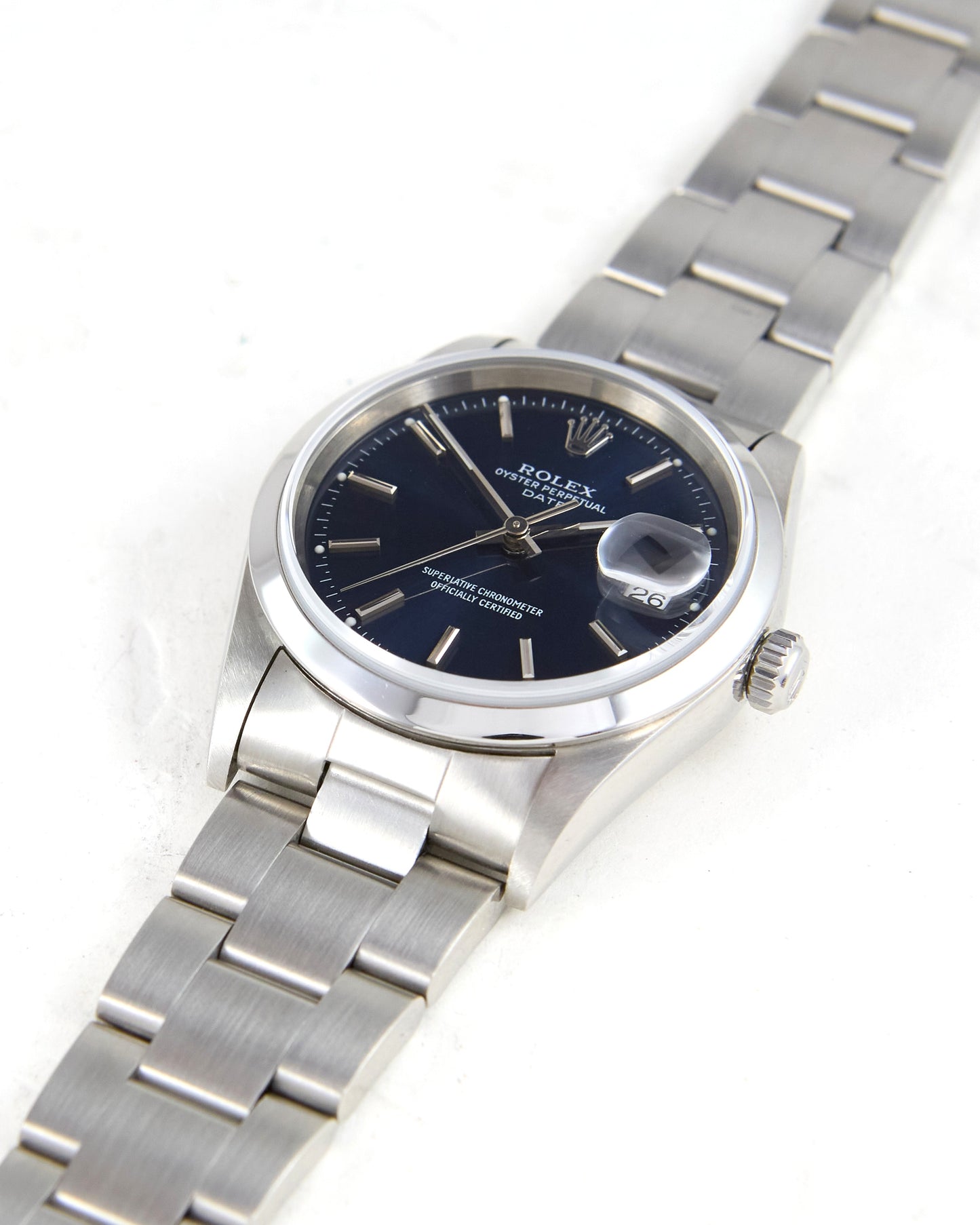 Rolex Date with Blue Dial on Oyster Bracelet with Rolex Papers