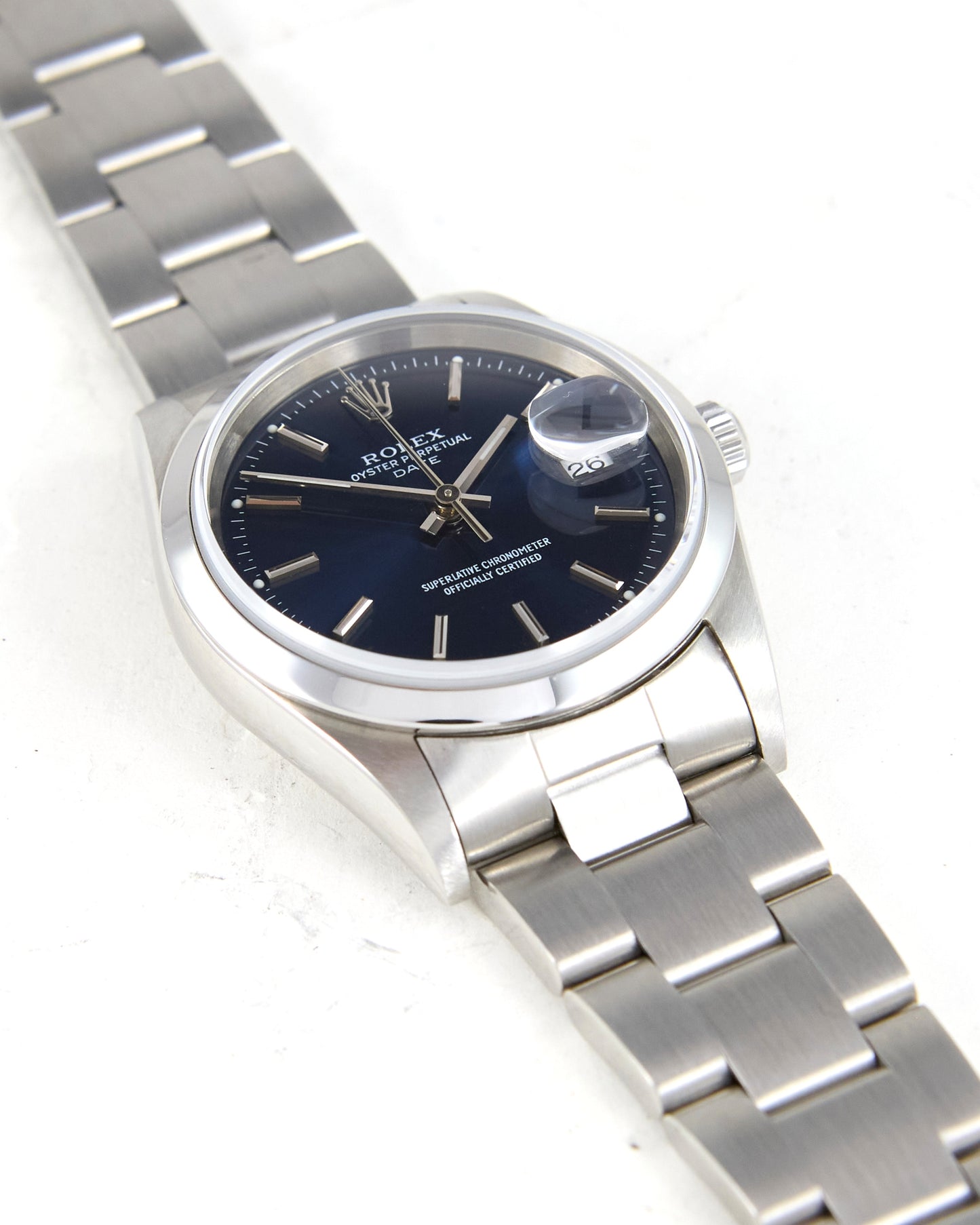 Rolex Date with Blue Dial on Oyster Bracelet with Rolex Papers
