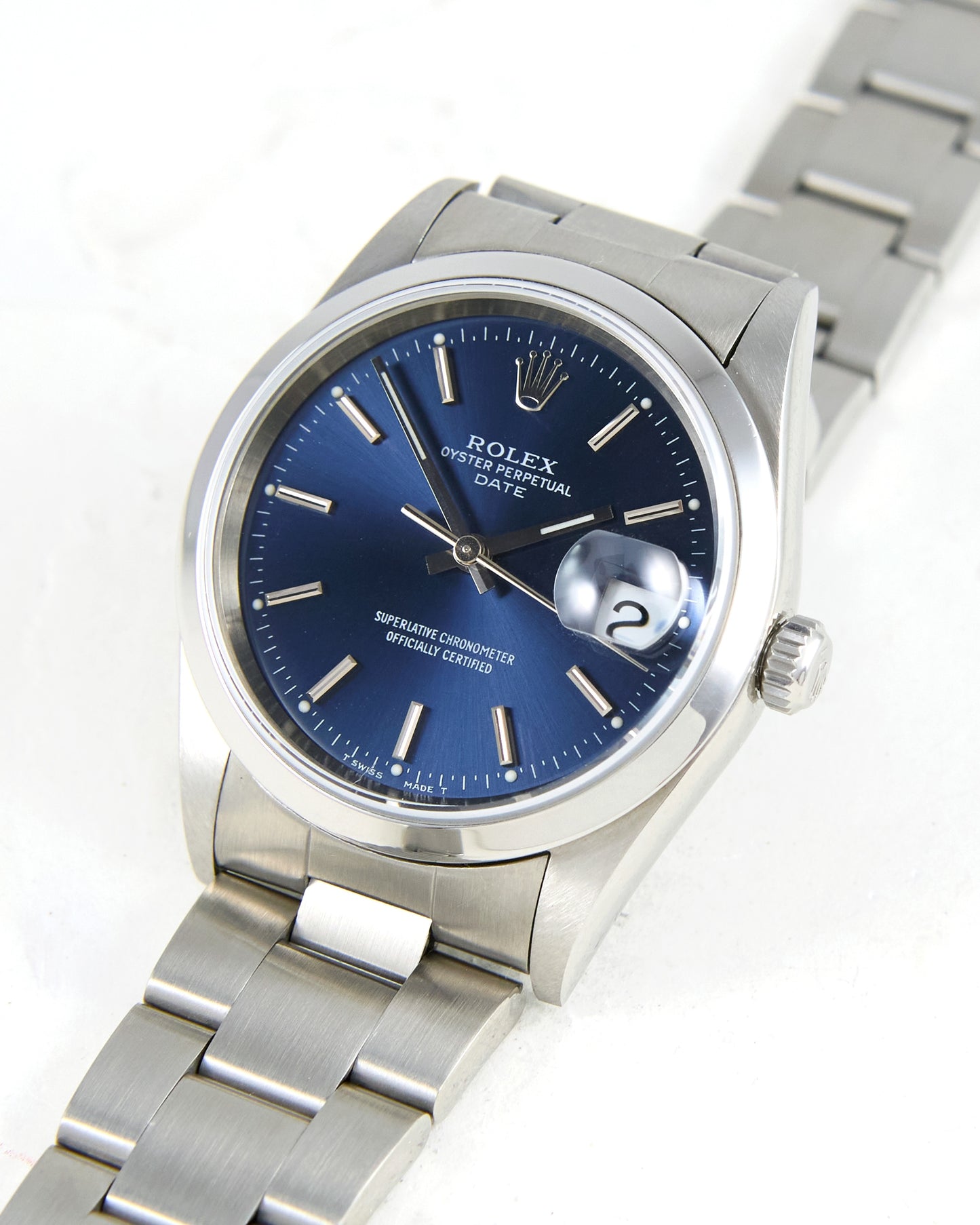Rolex Date with Blue Dial on Oyster Bracelet with Rolex Papers