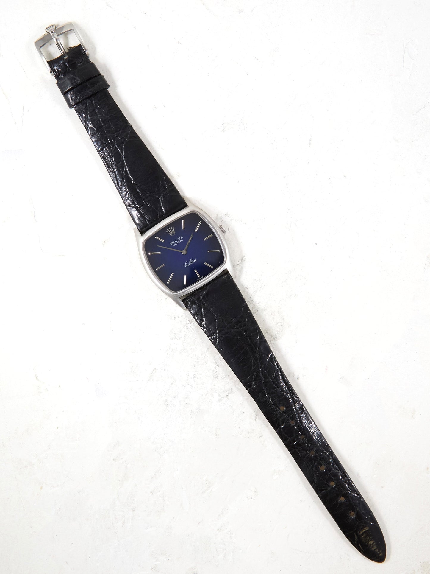 Rolex Cellini "TV"3805 Blue Vignette Dial in White Gold Case on Leather Strap and Buckle