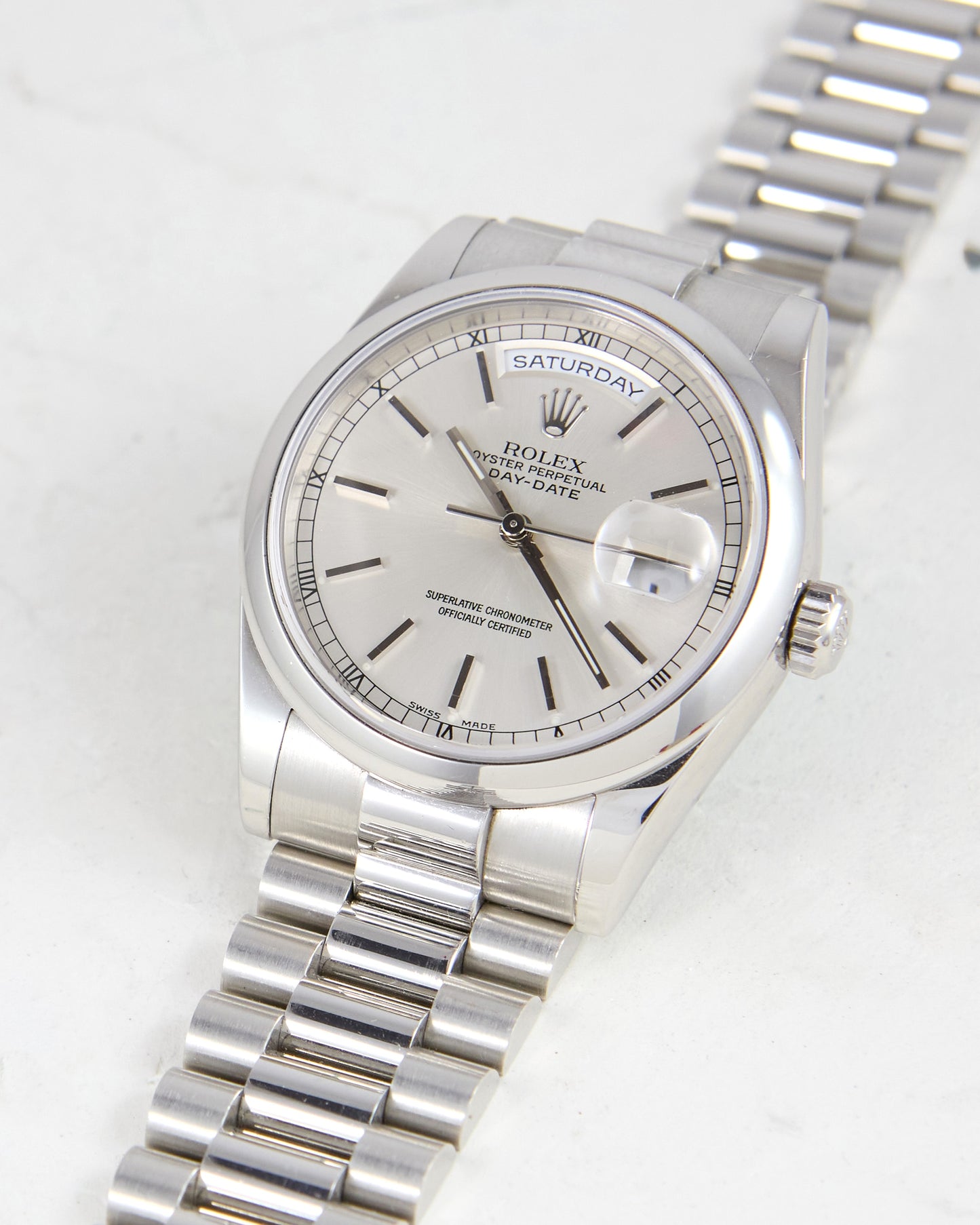 Rolex Day-Date 118206 Smooth Bezel Silver Dial in Full Platinum on President Bracelet
