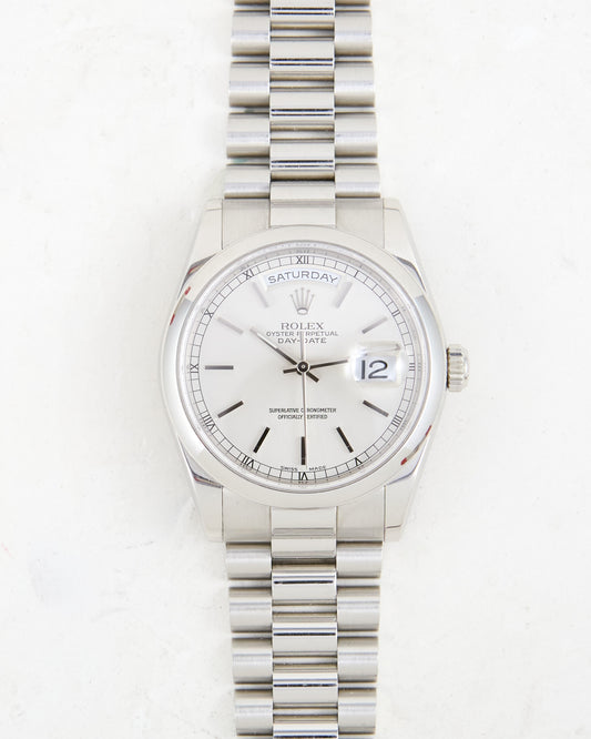 Rolex Day-Date 118206 Smooth Bezel Silver Dial in Full Platinum on President Bracelet