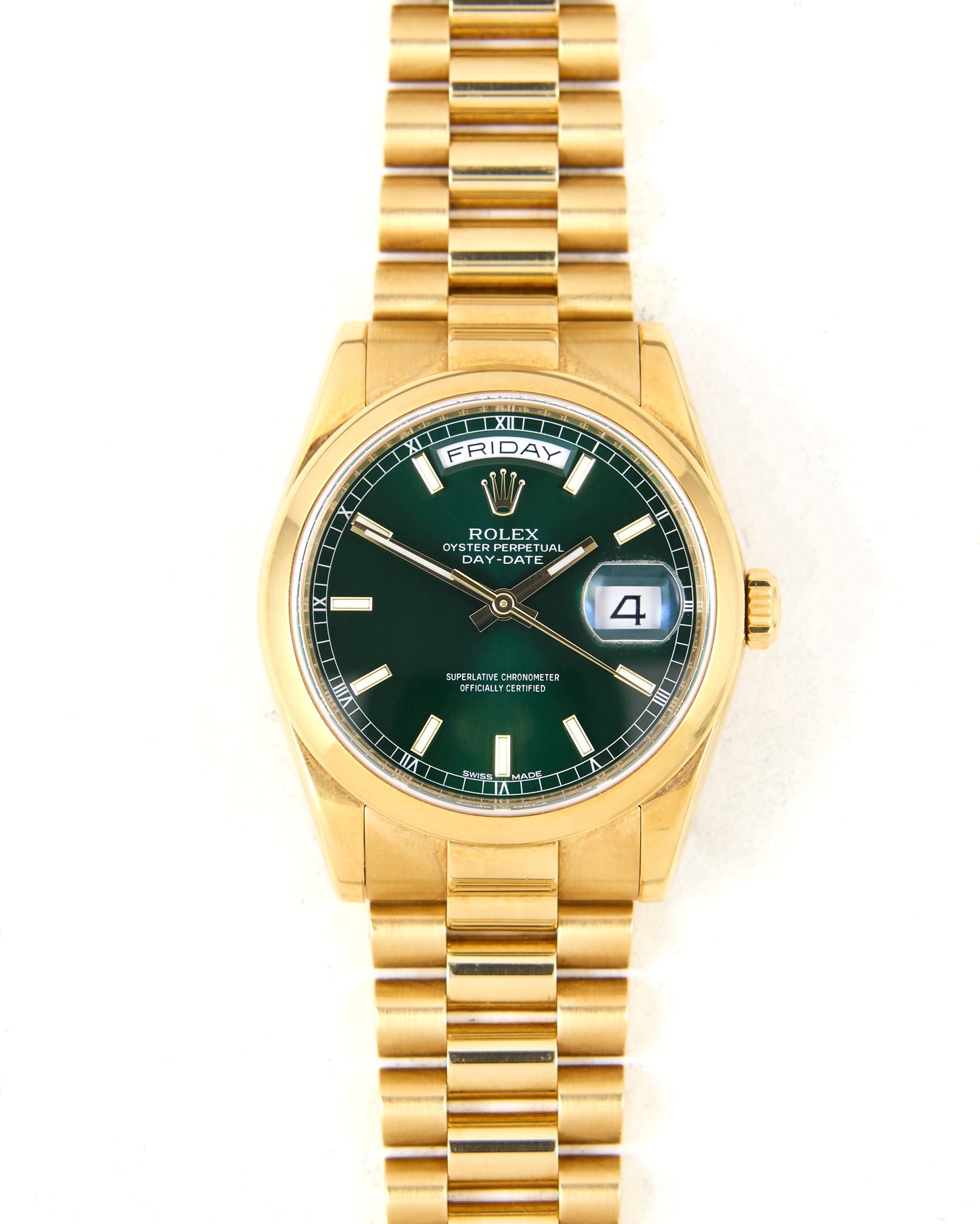 Rolex Day-Date 118208 Green Dial Smooth Bezel in Yellow Gold with Box & Papers