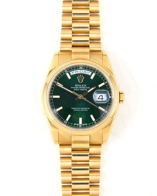 Rolex Day-Date 118208 Green Dial Smooth Bezel in Yellow Gold with Box & Papers