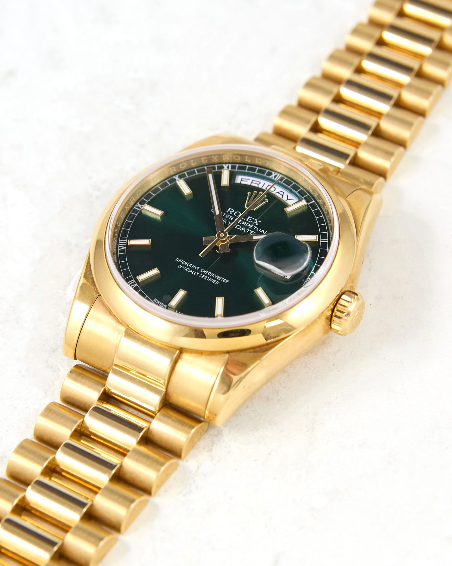 Rolex Day-Date 118208 Green Dial Smooth Bezel in Yellow Gold with Box & Papers