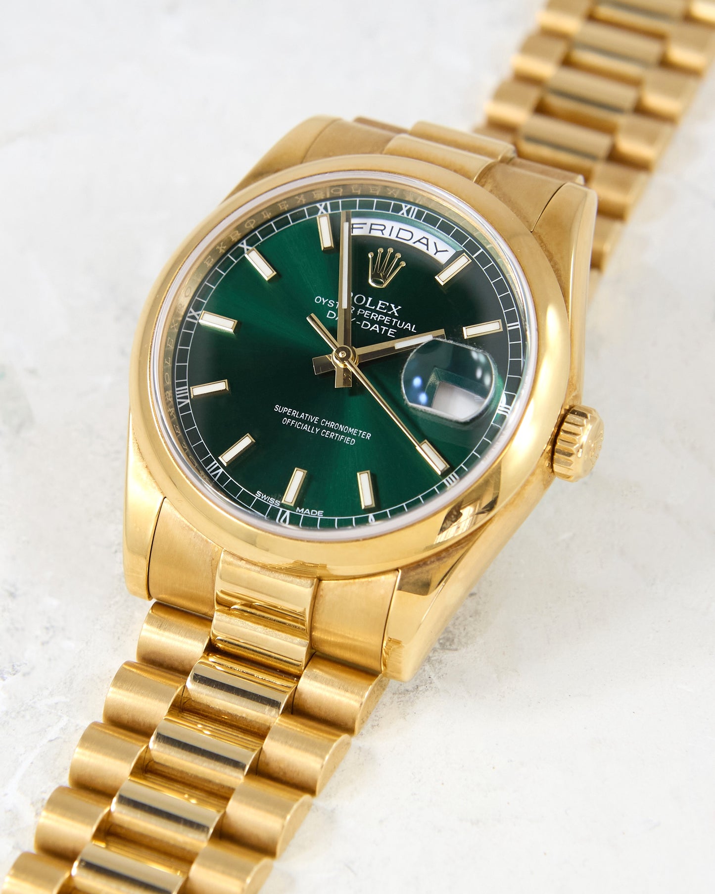 Rolex Day-Date 118208 Green Dial Smooth Bezel in Yellow Gold with Box & Papers
