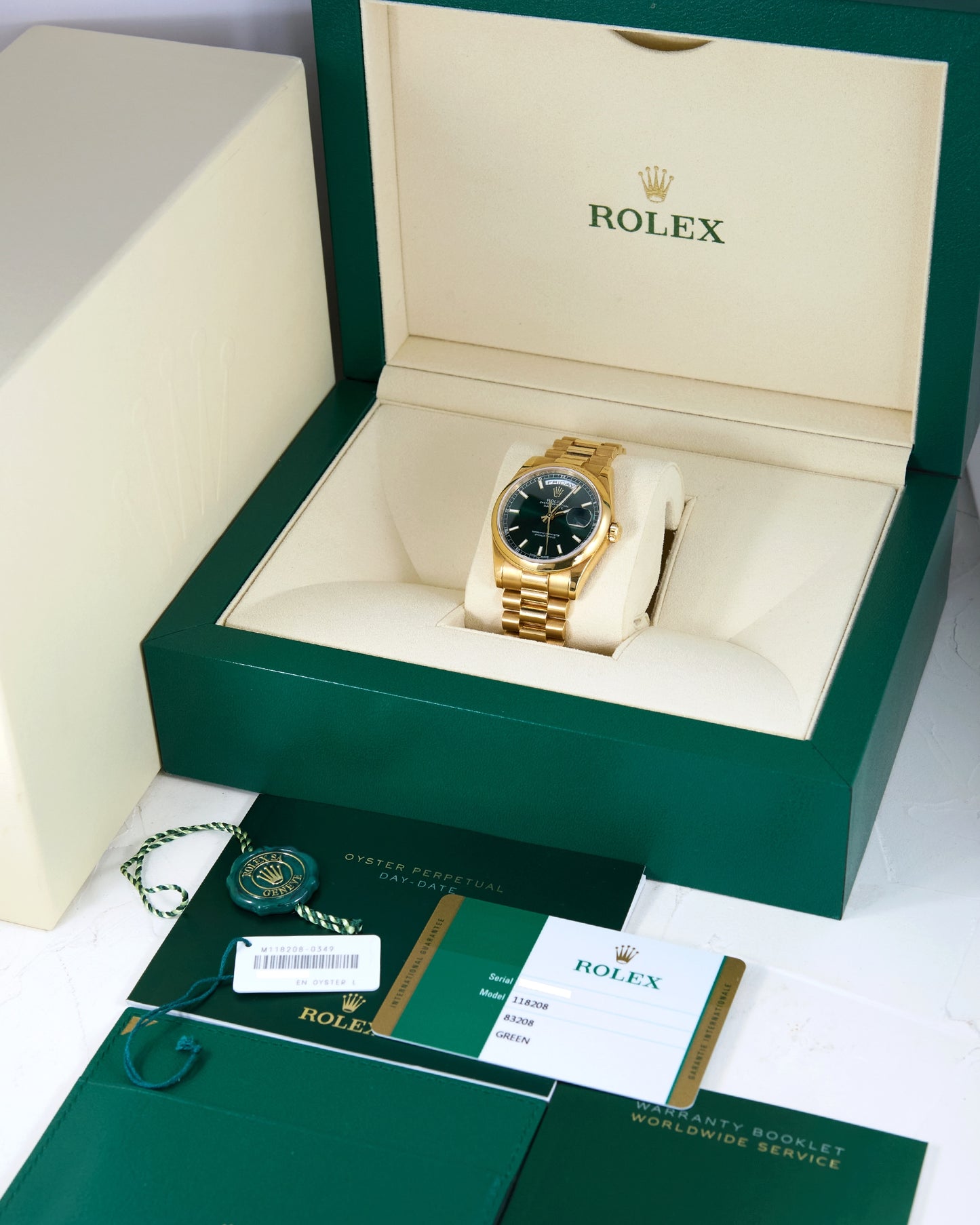 Rolex Day-Date 118208 Green Dial Smooth Bezel in Yellow Gold with Box & Papers