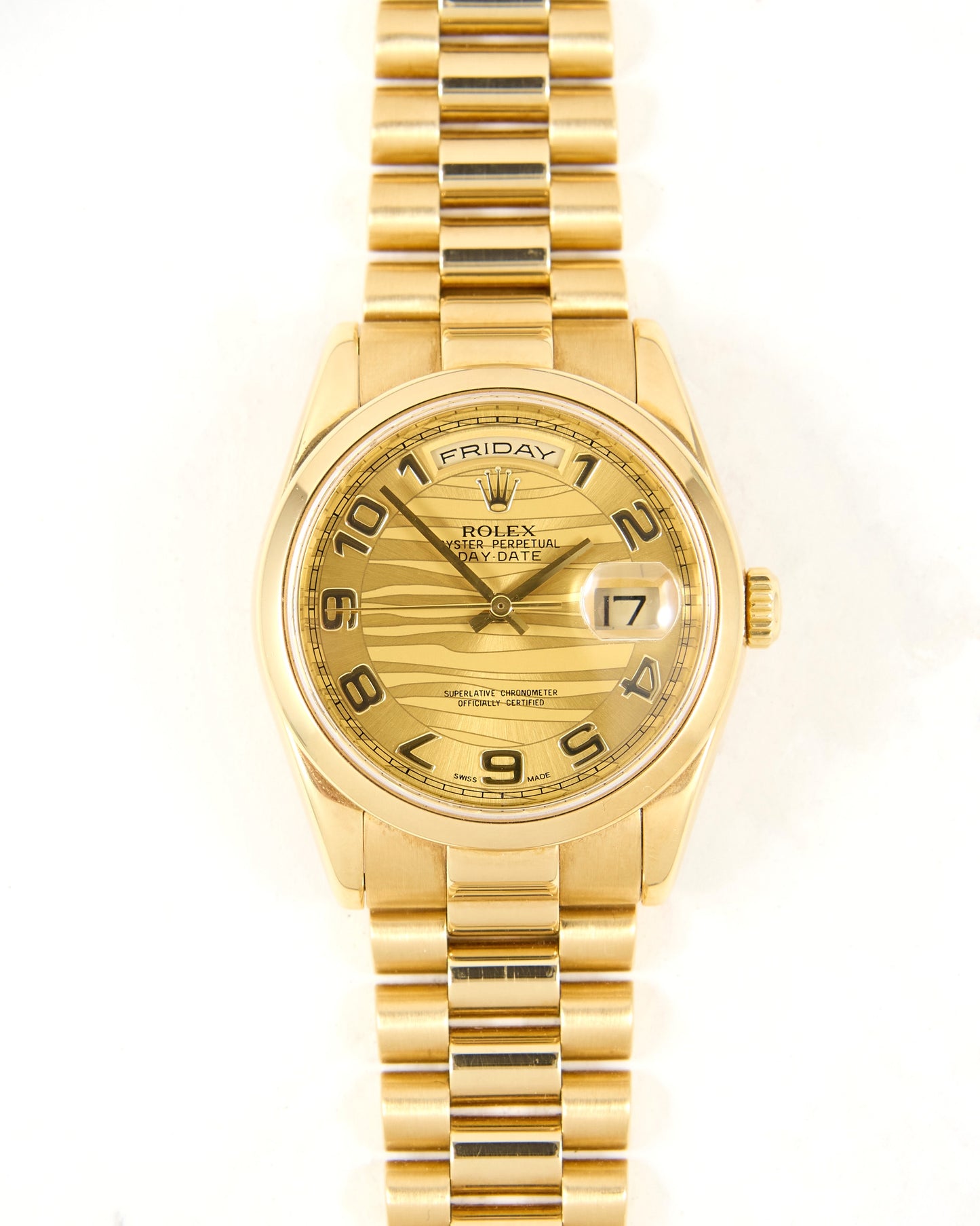 Rolex Day-Date 118208 Smooth Bezel Champagne Wave Dial in Yellow Gold Case and Bracelet