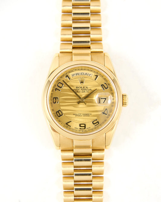 Rolex Day-Date 118208 Smooth Bezel Champagne Wave Dial in Yellow Gold Case and Bracelet