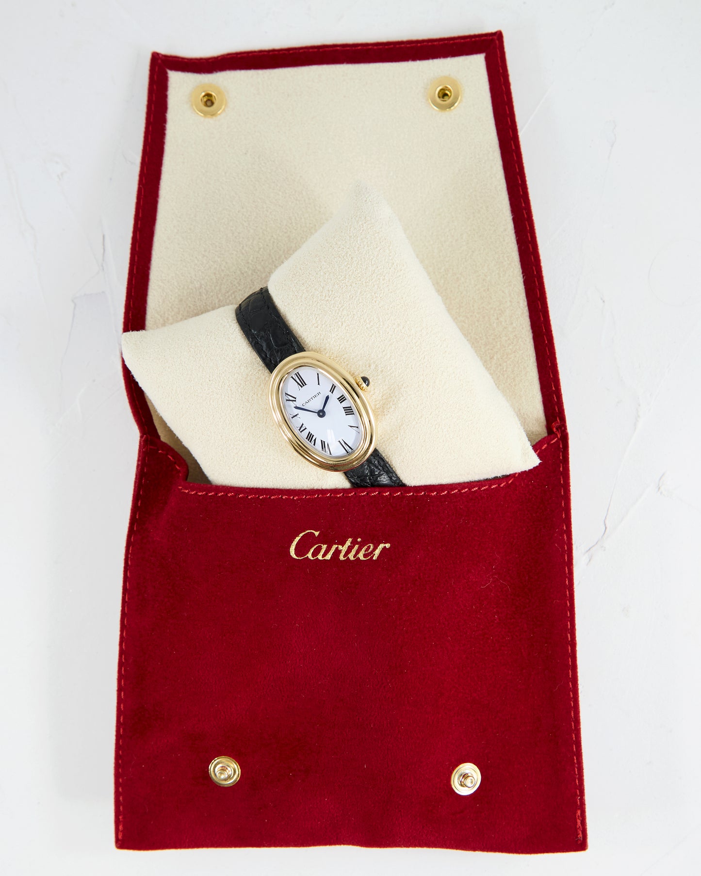 CARTIER BAIGNOIRE PARIS DIAL IN YELLOW GOLD WITH DEPLOYANT CLASP & CARTIER POUCH