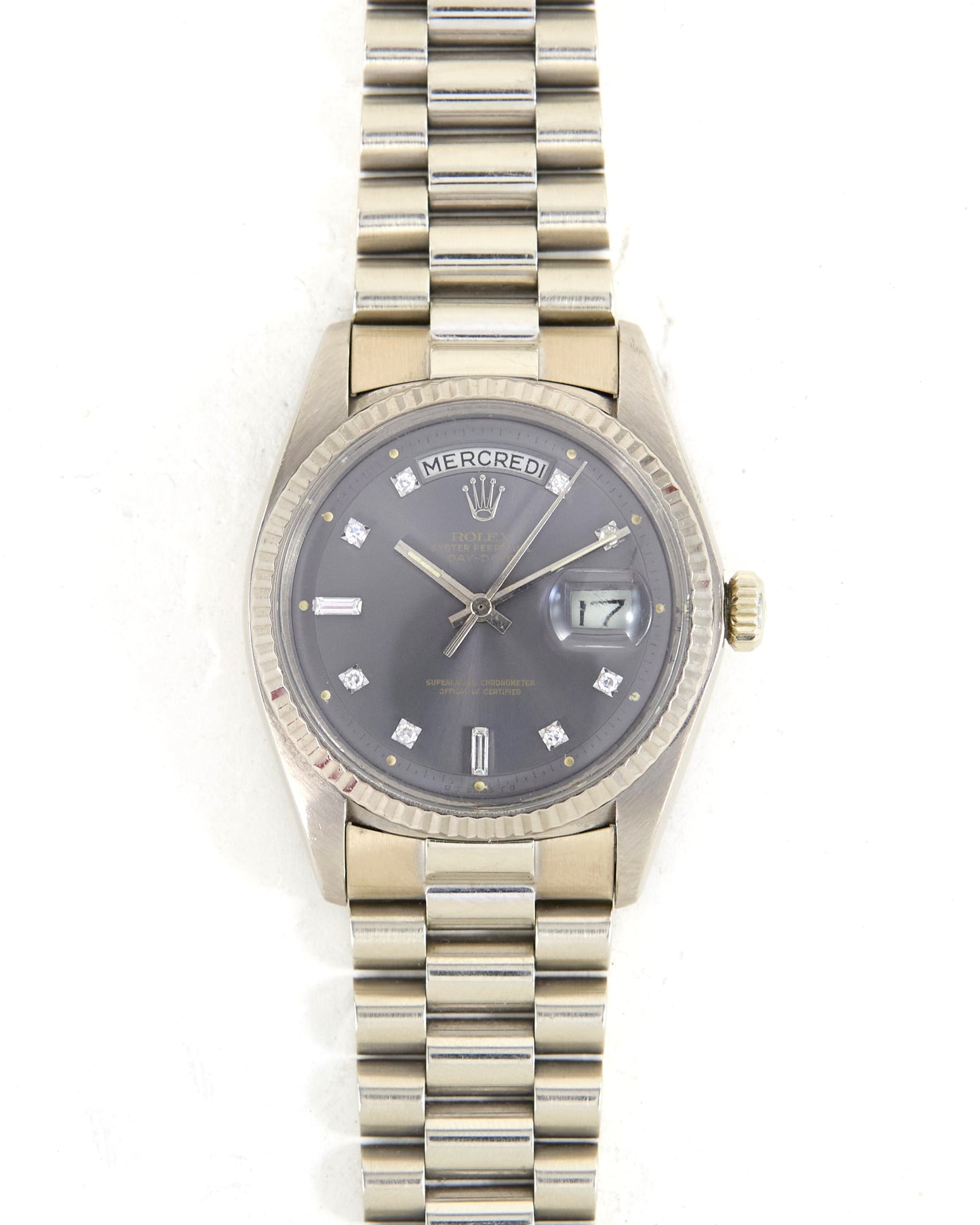 Rolex Day-Date Ghost Dial French Calendar in White Gold Case and Bracelet