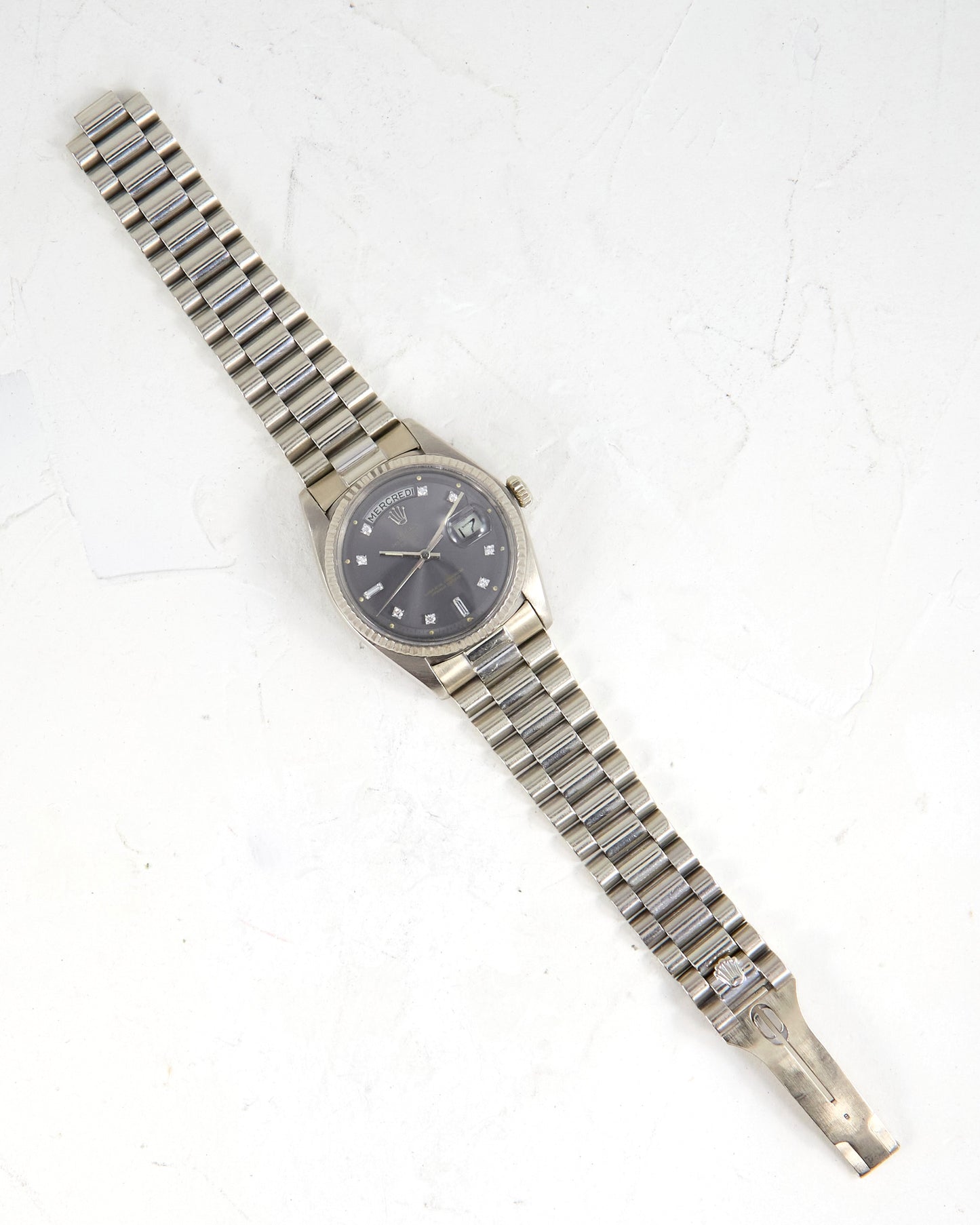 Rolex Day-Date Ghost Dial French Calendar in White Gold Case and Bracelet