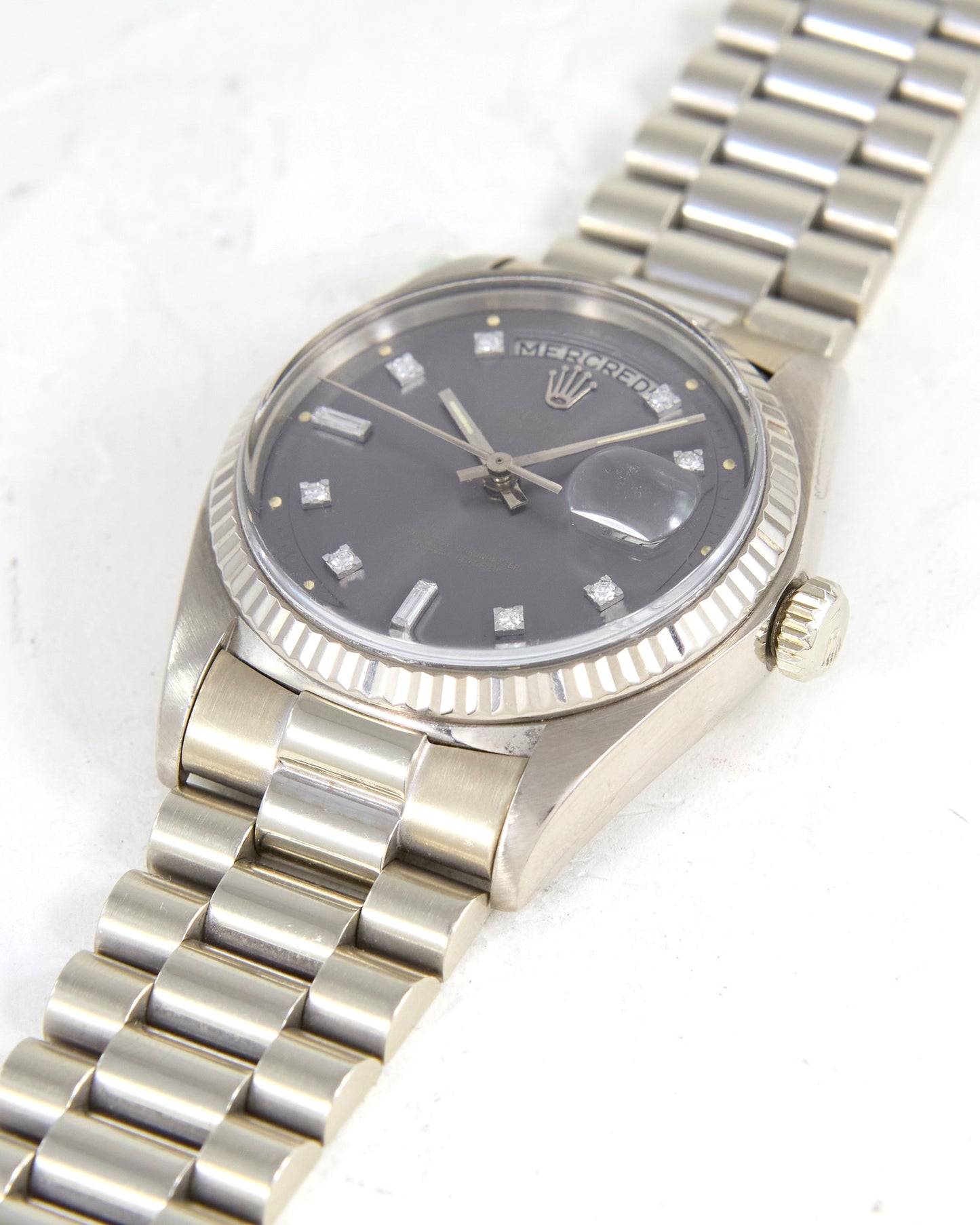 Rolex Day-Date Ghost Dial French Calendar in White Gold Case and Bracelet