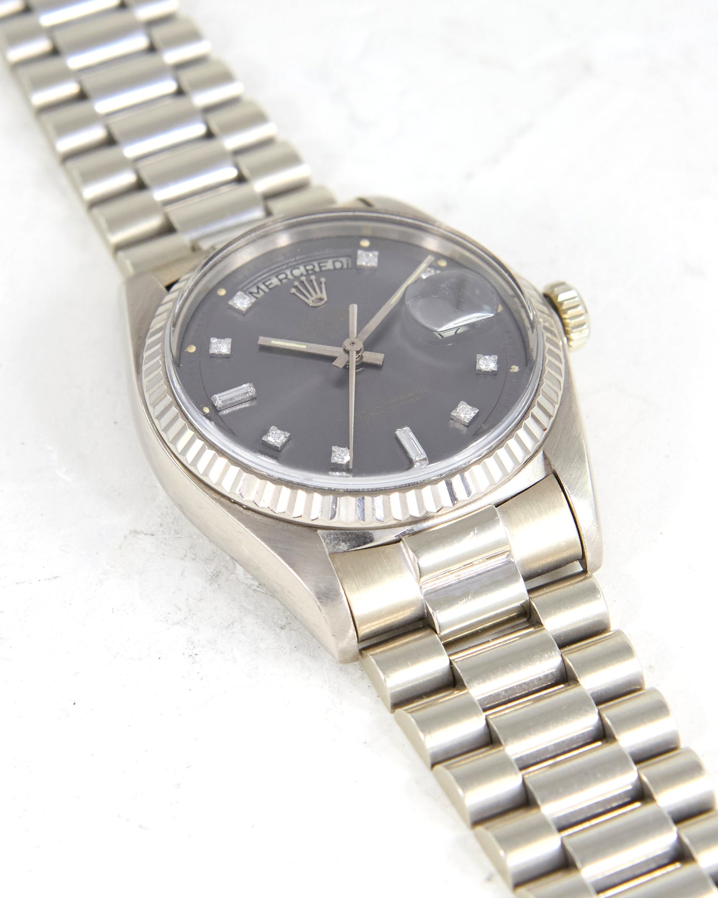 Rolex Day-Date Ghost Dial French Calendar in White Gold Case and Bracelet