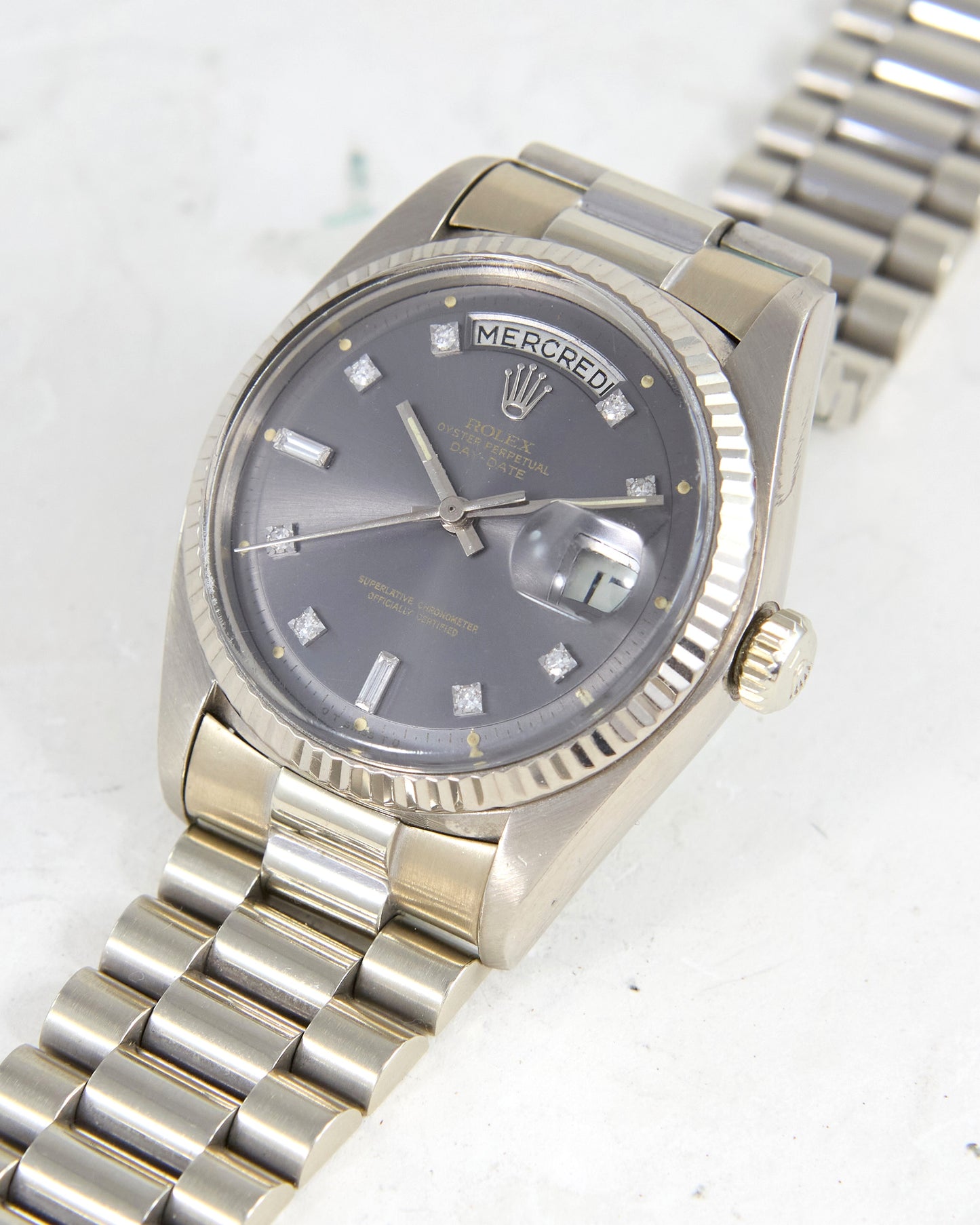 Rolex Day-Date Ghost Dial French Calendar in White Gold Case and Bracelet