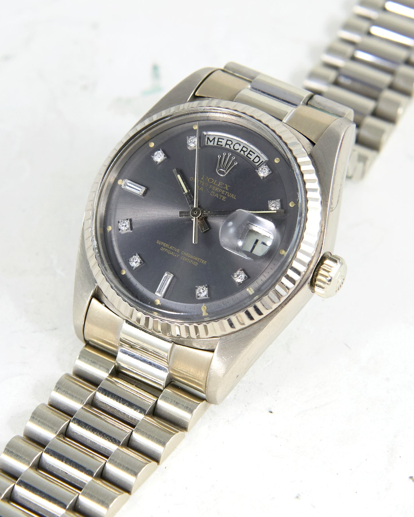 Rolex Day-Date Ghost Dial French Calendar in White Gold Case and Bracelet