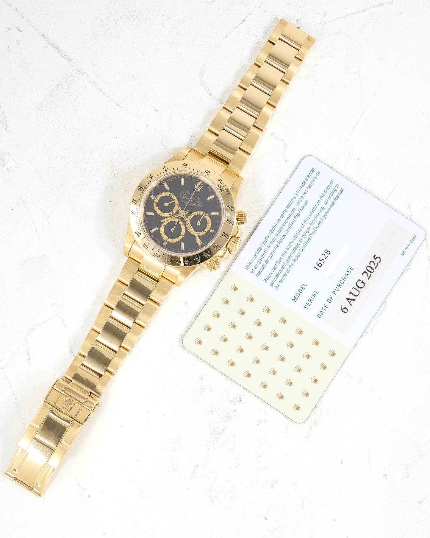 Rolex Daytona 16528 Black Dial Zenith Automatic in Yellow Gold Case with Rolex CPO Card