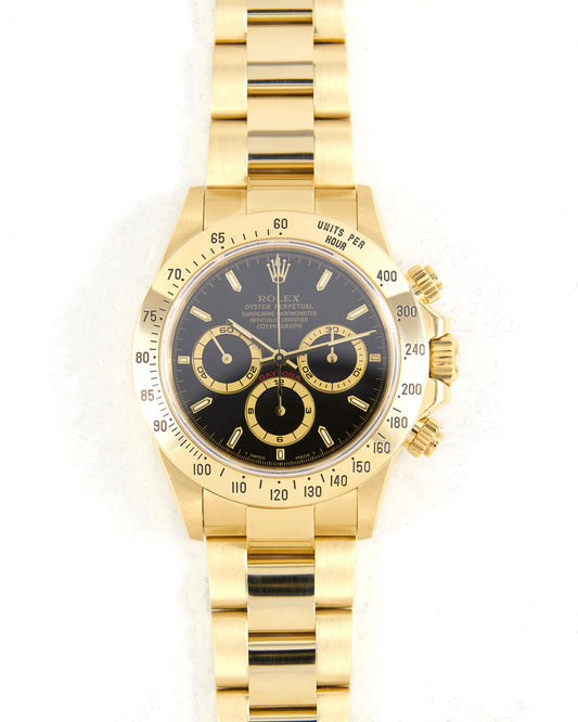 Rolex Daytona 16528 Black Dial Zenith Automatic in Yellow Gold Case with Rolex CPO Card