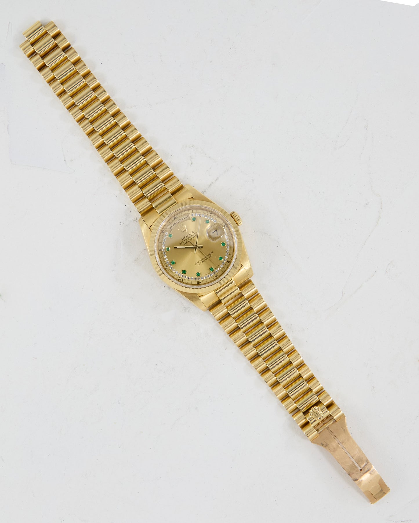 ROLEX DIAMOND EMERALD STRING DIAL DAY DATE