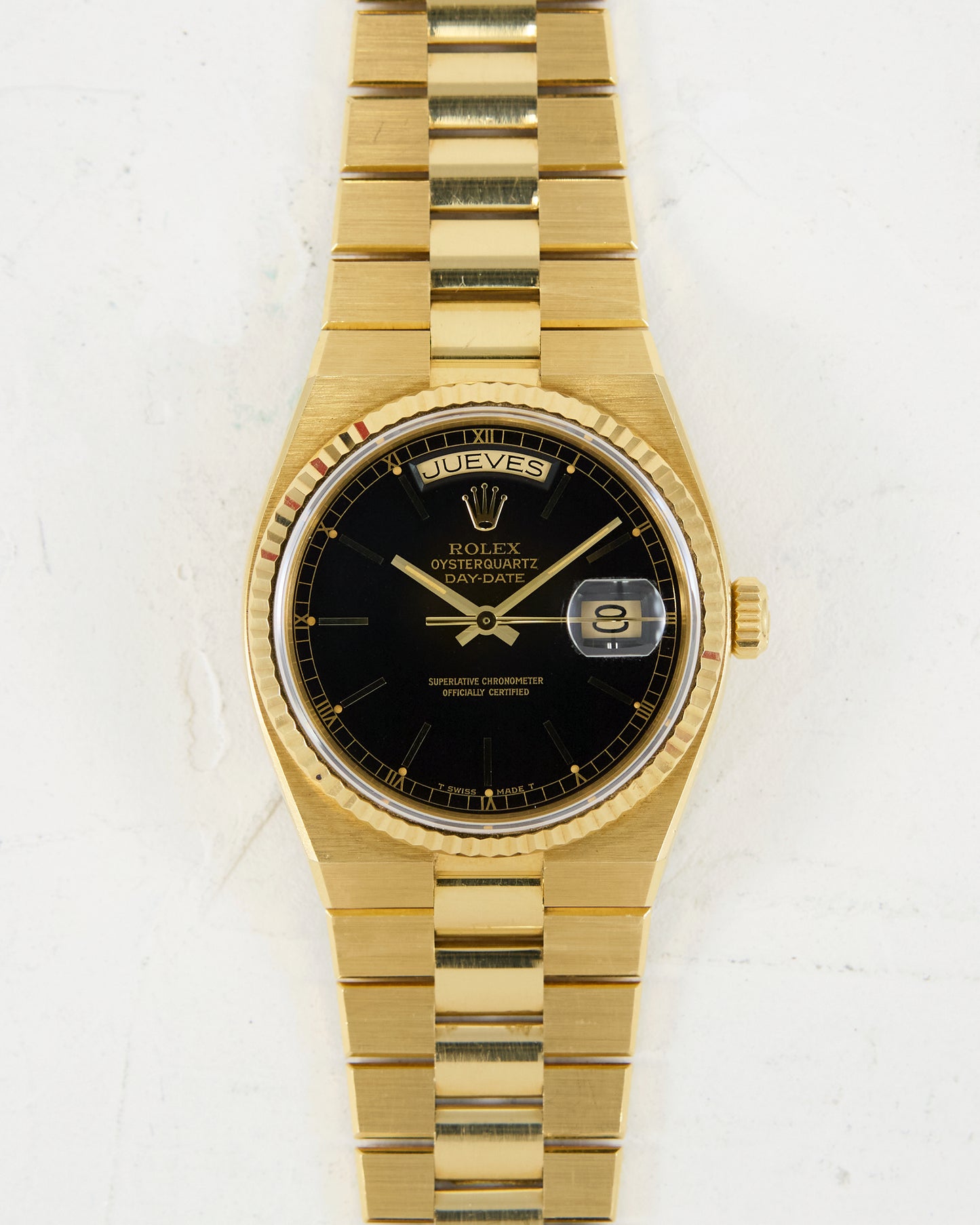 ROLEX OYSTERQUARTZ DAY-DATE BLACK DIAL IN UNPOLISHED CONDITION WITH CASE BACK STICKER