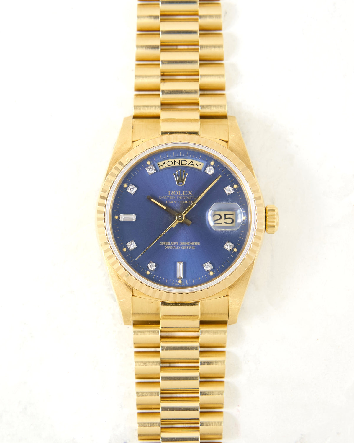 Rolex Day-Date 18038 Blue Diamond Index Dial in Yellow Gold Case and Bracelet